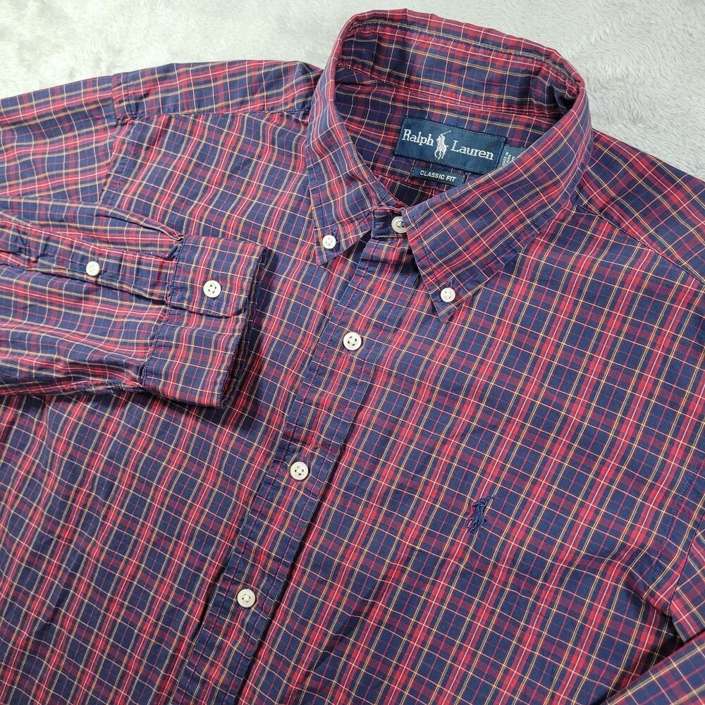 Ralph Lauren Shirt Mens Large Blue Red Plaid Long Sleeve Button Down Classic Fit